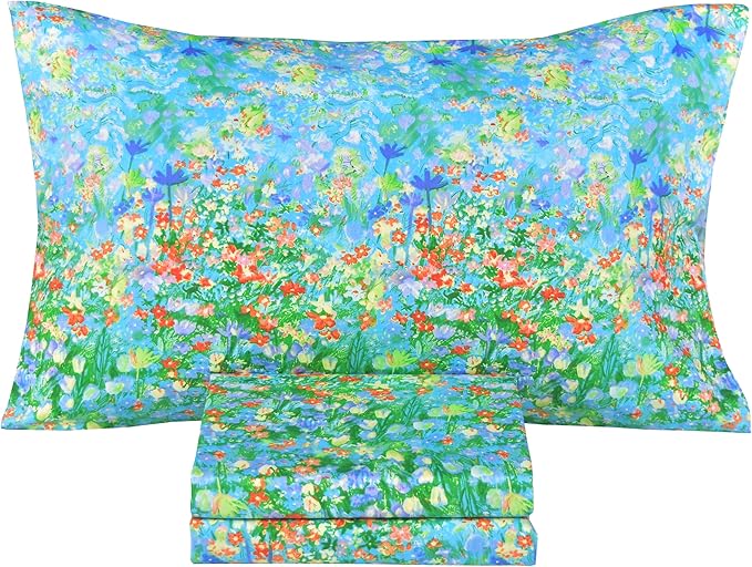 Scientific Sleep Green Garden Flower Lake Impressionism Cute Fun 100% Cotton Cozy Twin Bed Sheet Set, Flat Sheet & Fitted Sheet & Pillowcase Kids Girls Bedding Set (Green Garden, Twin)