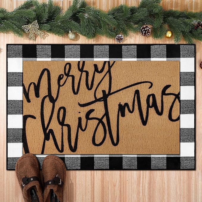 Tinideya 2 Pcs Merry Christmas Door Mat Xmas Welcome Non Slip Coir Mats Black White Buffalo Plaid Floor Layering Doormats Seasonal for Front Porch Entryway Decor(Merry Christmas)