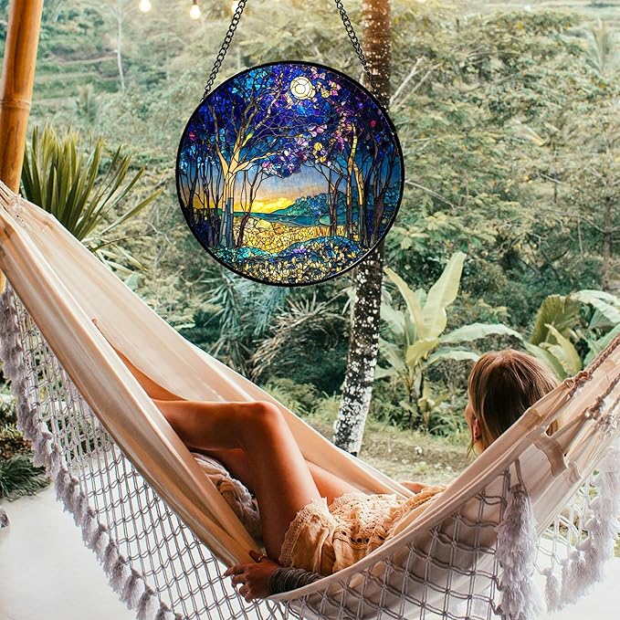 Stained Glass Window Hanging Blue Purple Forest Trees Landscape Moon Large 11.8" - Suncatcher Door Garden Sun Catcher Home Decor Birthday Christmas for Mom Men Woman Nana