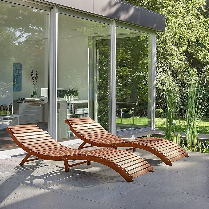 Flamaker Lounge Chairs for Outside Folding Acacia Wood Chaise Lounge with Side Handle Sun Lounger for Poolside, Lawn, Backyard (2 Piece)