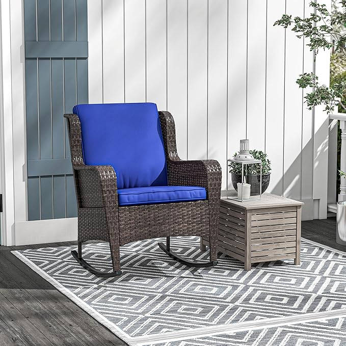 Outsunny Outdoor Wicker Rocking Chair with Wide Seat, Thick Cushions, Rattan Rocker with Steel Frame, High Weight Capacity for Patio, Garden, Backyard, Dark Blue