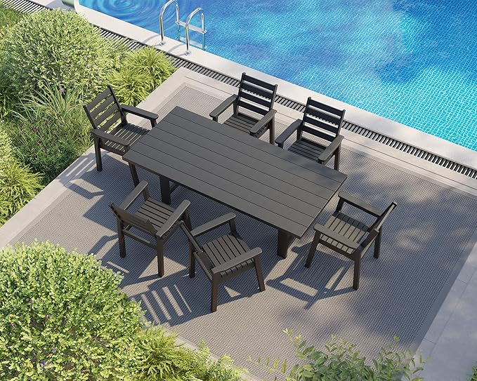 AMERLIFE 7-Piece HDPE Outdoor Dining Set with Umbrella Hole, 71" L Patio Table and Chairs Set for 6, Modern Garden Dining Set for Backyard, Poolside, Porch, Black