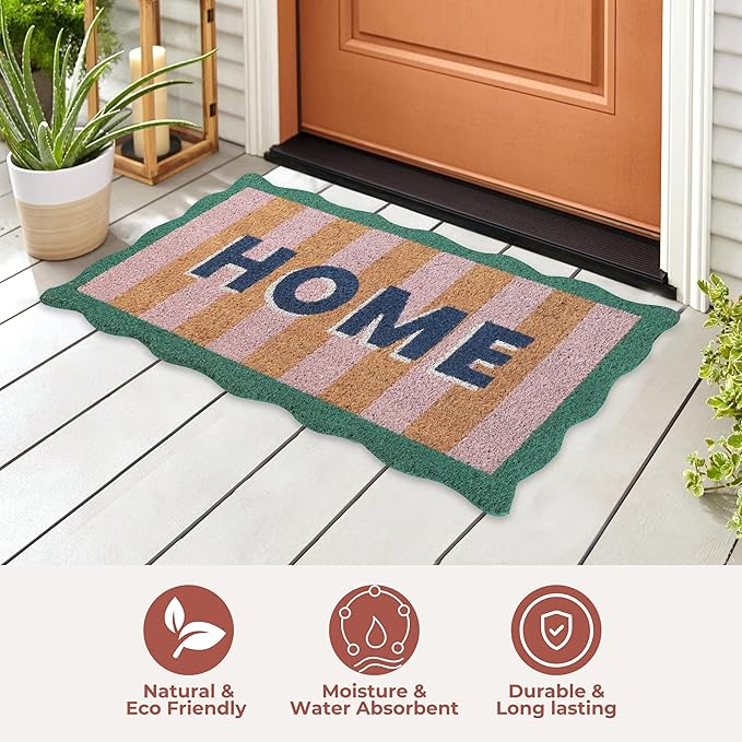 Folkulture Welcome Matt Outdoor | 16 x 28 Scalloped Home Door Mats for Front Door Mat Outside Entrance | Eco Friendly | Welcome-Mats Cute | Coir Door Mats | Outdoor Decor | Durable & Anti Slip