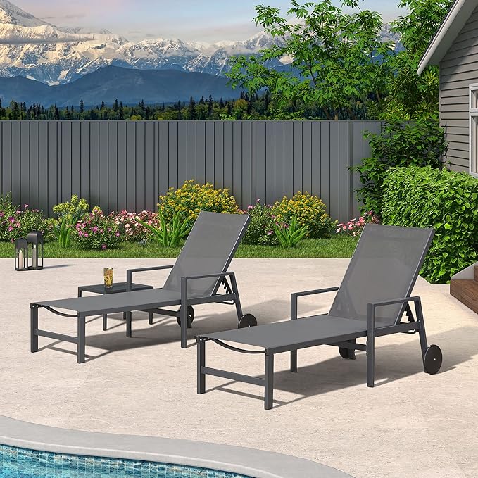 PURPLE LEAF Patio Chaise Lounge 4 Pieces Aluminum Recliner Chair with Wheels and Armrests Lounger for Pool Backyard Grey Outdoor Lounge Chair