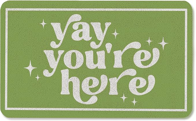Funny Green Door Mat, Yay You're Here Doormat for Front Door Indoor Outdoor Porch Entrance Entryway, Funny Welcome Mat Outside, 17x30 Inches