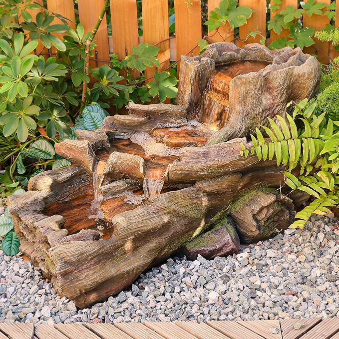 34.5" L Garden Outdoor Water Fountain, Floor Standing Wood Imitation Resin Natural Waterfall Fountains with LED Lights for Patio, Porch, Home Art Decor