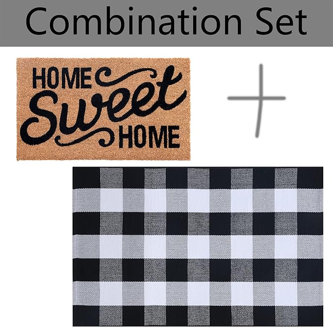 Home Sweet Home Doormat Set, 2-Piece Layered Front Porch Mat Combo, Natural Coir Welcome Mat with Black and White Buffalo Plaid Rug, Farmhouse Outdoor Entryway Decor for Porch, Patio, Home
