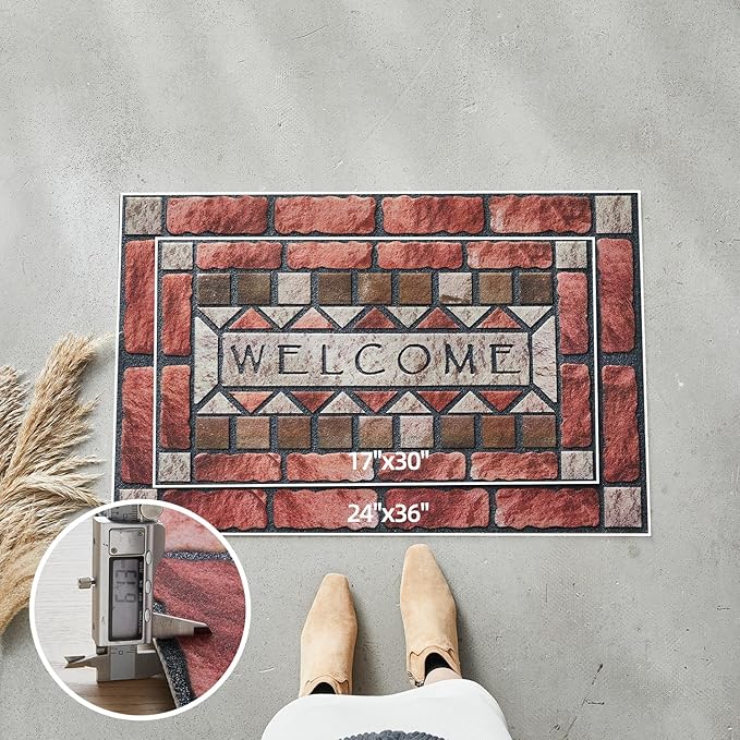Welcome Mat Front Door Mat Indoor Outside Entrance, Absorbent Heavy Duty Doormat with Non Slip Backing Entryway Rug for Front Back Door, 24x36, Brick Print