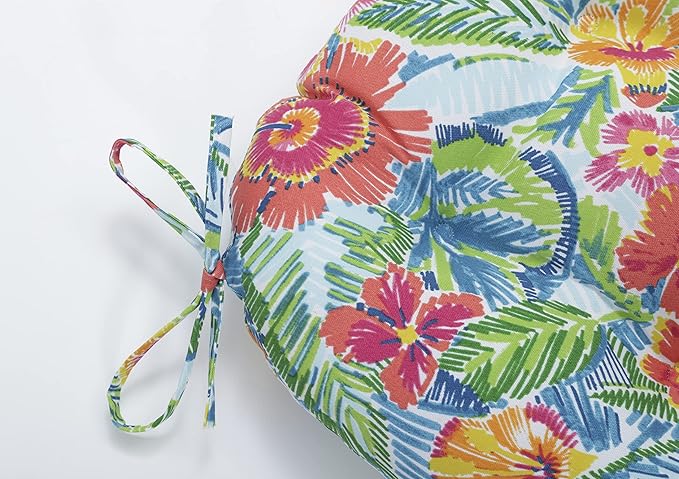Pillow Perfect Bright Floral Indoor/Outdoor Chairpad with Ties, Reversible, Tufted, Weather, and Fade Resistant, 15.5" x 16", Multicolored Pensacola, 2 Count