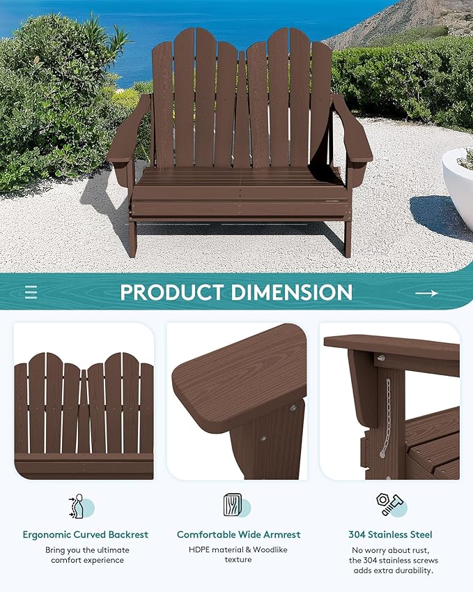 SERWALL Folding Adirondack Bench, HDPE All-Weather Adirondack Loveseat, 660 lbs Capacity, Foldable Outdoor Patio Bench for Deck, Lawn, Garden, Coffee