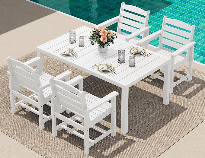 SERWALL 5-Piece Outdoor Table and Chairs, 60" - 83" Expandable Outdoor Dining Table with Aluminum Frame & HDPE Tabletop, All Weather HDPE Patio Furniture Set for Backyard, Garden, White