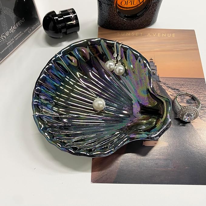 Shell Jewelry Dish Tray, Ceramic Trinket Tray Clamshell Jewelry Organizer Dish, Ring Holder Dish Room Decor, Mother's Day Valentine's Friendship Christmas Birthday Gifts for Women (Multicolor Black)
