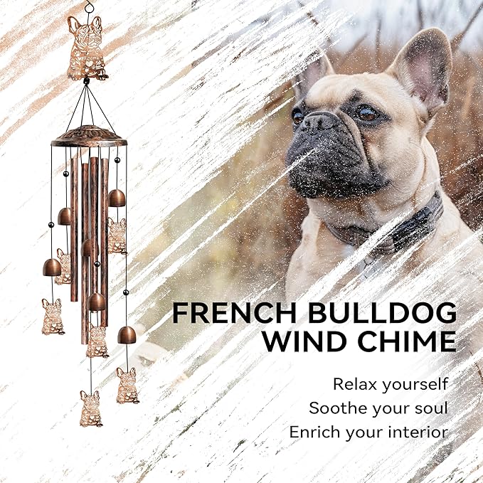 French Bulldog Wind Chimes for Outside, Decorative Wind Chimes French Bulldog Gifts for Women, Memorial Windchimes Outdoors with S Hook for Patio Garden Decor, Birthday Gifts for Mom Grandma （Copper）