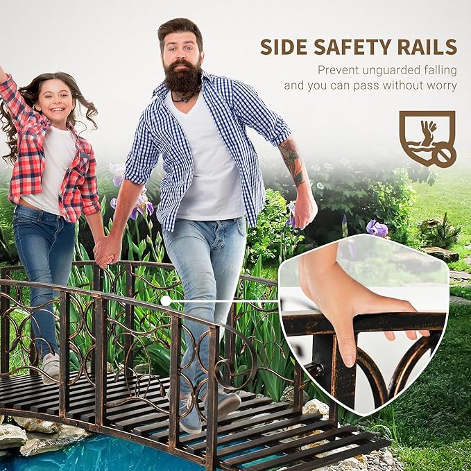 6' Metal Arch Backyard Garden Bridge with 660 lbs Weight Capacity, Safety Siderails, Easy Assembly, Brown