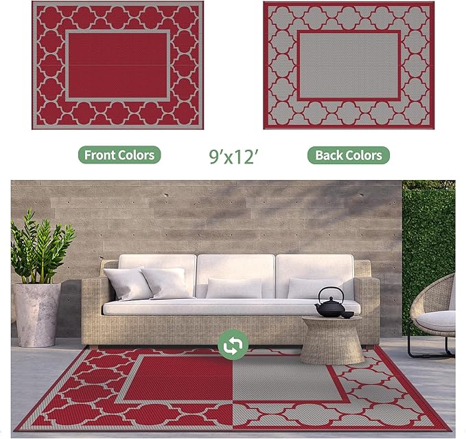 GENIMO 9' x 12' Outdoor Rug Waterproof for Patio Decor, Foldable Reversible Plastic Straw Area Rugs Mat for Camper, Outside Carpet for Rv, Deck, Porch, Picnic, Beach, Balcony, Red & Grey