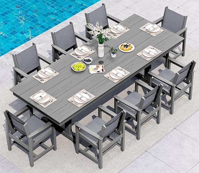 SERWALL 9 Piece Outdoor Dining Set, 84" HDPE Outdoor Table and Chairs for 8，All Weather Patio Furniture Set with Umbrella Hole for Backyard, Garden, Gray