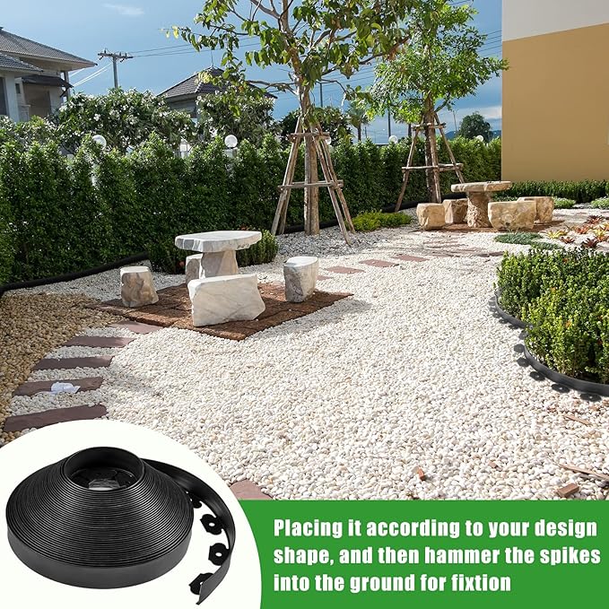 Sasylvia 1.7'' x 200' Landscape Edging Kit Edging Border Coil Include 120 Anchoring Spikes 10 Connectors Plastic Garden Border for Lawn Garden Grass Yard Home(Black)