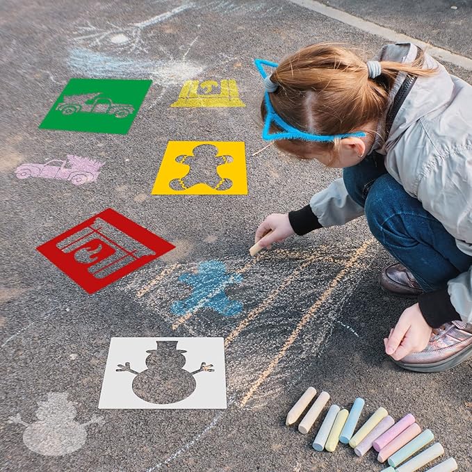 Epakh 24 Pieces Stencils for Kids 8 Inches Drawing Stencils Chalk Template Large Washable Geometric and Garden Themed Primary Shape Template for Kids Toddlers Preschooler(Snowman Style)