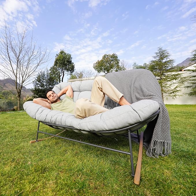 Grand patio Rocking Chair Outdoor, Oversized Rocking Chair for 2 with E-Coated Steel Frame and Thick Cushion, Comfy Papasan Loveseat Rocker for Patio Porch Deck