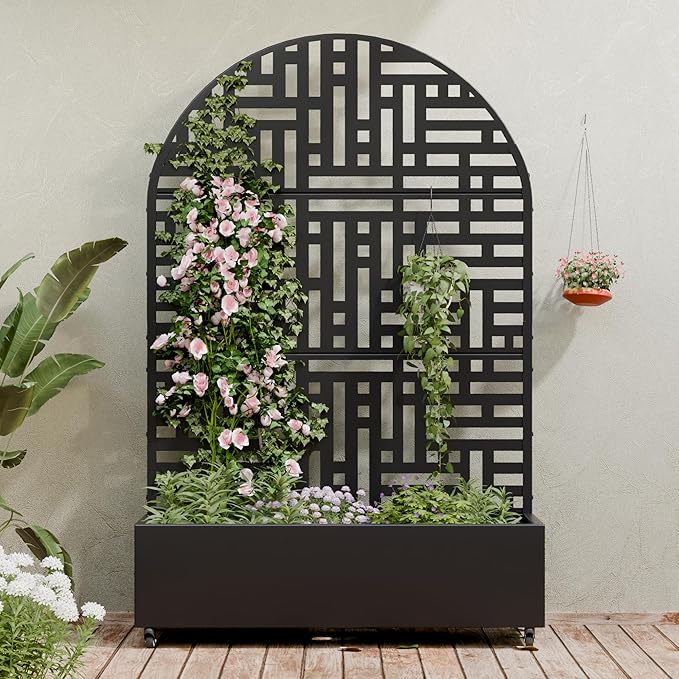 Casaphoria Metal Raised Garden Bed with Trellis and Wheels, 72"x47"x16" Planter Box for Climbing Plants, Vegetables & Vines, Features Drainage Holes and Privacy Screen (Black-Helen)