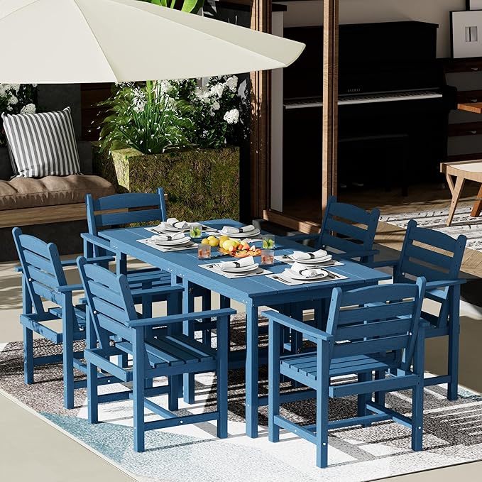 Anbuy Patio HDPE Dining Table Set, 7-Piece Outdoor Dining Table Sets, 2 in 1 Convertible Table and 6 Outdoor Chairs Outdoor All-Weather Furniture Set Blue