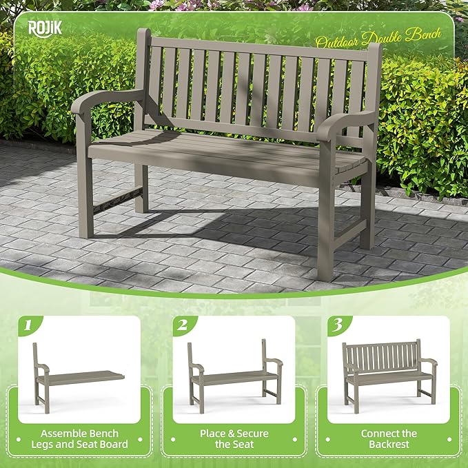 ROJIK Outdoor Bench Resin Patio Chairs Waterproof 2-Person Slatted Chairs with Sturdy Frame, Comfortable Seating for Garden Backyard Porch and Park(Brown)