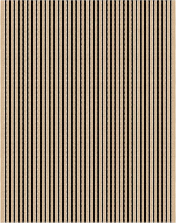 IOHOUZE Striped Area Rug 8'x10' Indoor Outdoor Rug, Washable Area Rug for Living Room, Large Patio Rug, Cotton Striped Rugs for Patio Living Room Bedroom, Tan/Black