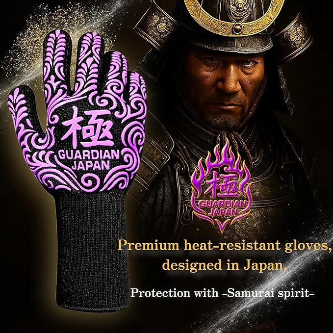 Premium Heat Resistant BBQ Gloves – Fireproof 1472°F Aramid Grill Mitts for Barbecue, Smoker, Campfire, Fire Pit, Oven, Japanese Supervised Design (極-KIWAMI-Purple, L)