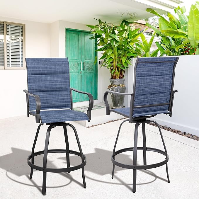 Vongrasig 2 Piece Outdoor Patio Swivel Bar Chairs, All Weather Padded Sling Textile High Top Bar Stools, Bistro Set for Backyard, Lawn Garden, Balcony, Padded Blue