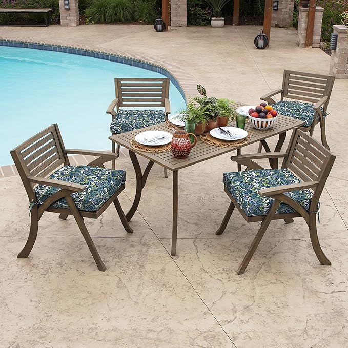 Arden Selections Outdoor Wicker Chair Cushion, 20 x 18, Rain-Proof, Fade Resistant 21 x 21, Sapphire Aurora Blue Damask (Pack of 4)