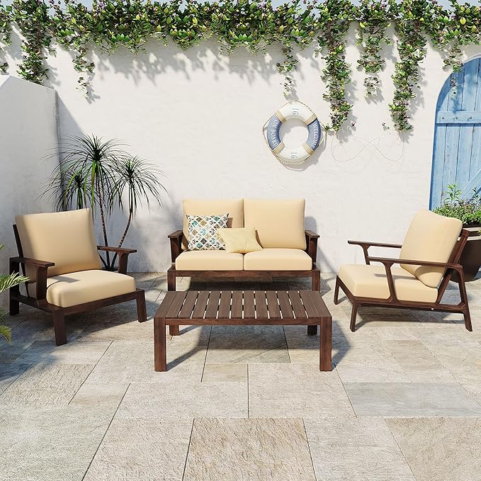 4 Pieces Outdoor Sofa Set 4-Person Patio Seating Group Outdoor Conversation Set with Cushions and a Coffee Table for Patios, Gardens, or Balcony, Dark Brown +Beige Cushion