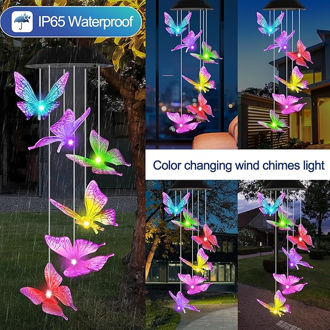 Purple Butterfly Solar Wind Chimes Outdoor Color Changing Solar Lights Garden Decor Best Gifts for Mom Decorations Mobile Windchimes Unique Chiristmas Gifts