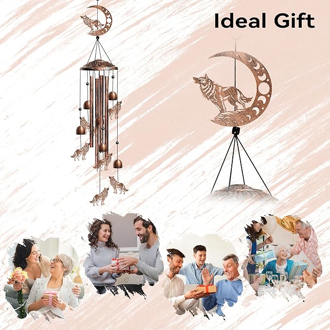 Wolf Wind Chimes for Outside, Decorative Wind Chimes Wolf Gifts for Women/Men, Memorial/Birthday Gifts, Garden Decor for Outside, Patio or Yard, Durable Chimes for Outdoors