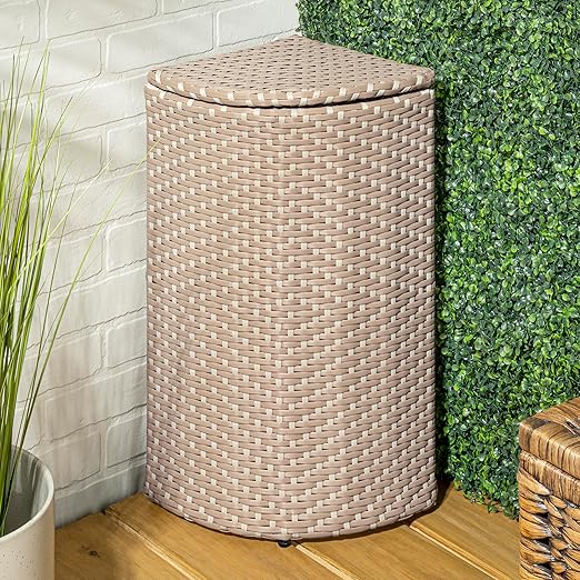 happimess HPM1200D Chloe 15.56-Gallon All-Weather Wicker/Metal Corner Hideaway Outdoor Trash Can, Light Pink/White, Classic, Coastal, Casual Wastebin for Backyard, Patio, Porch, Kitchen