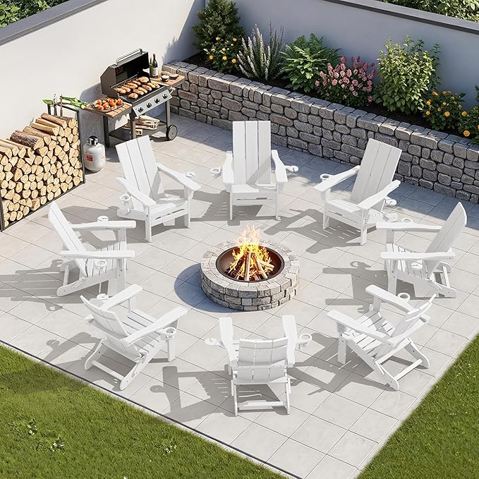 SERWALL Modern Folding Adirondack Chair with Cup Holders, All Weather Resistant Outdoor Adirondack Chair, HDPE Fire Pit Chair for Patio Lawn Graden, White