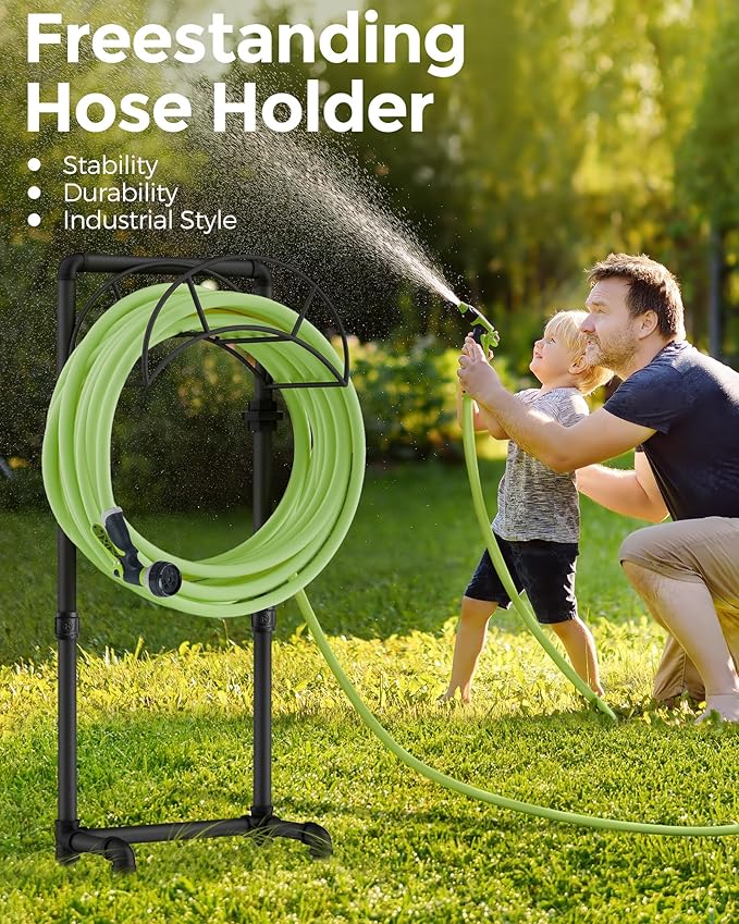 LAND·VOI Hose Holder, Garden Hose Storage Freestanding, Metal Heavy Duty Water Hose Holder Holds 150 Feet Hose, Detachable Hose Storage Hanger for Outside with 4 Spikes, for Lawn Yard, Black GHH02B