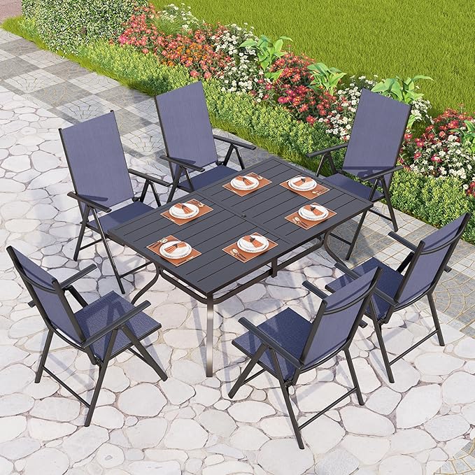 PHI VILLA 7 Piece Patio Dining Set with Patio Table and Chairs, Outdoor Dining Set for 6 with Adjustable Folding Patio Chairs & Metal Steel Table for Garden, Blue