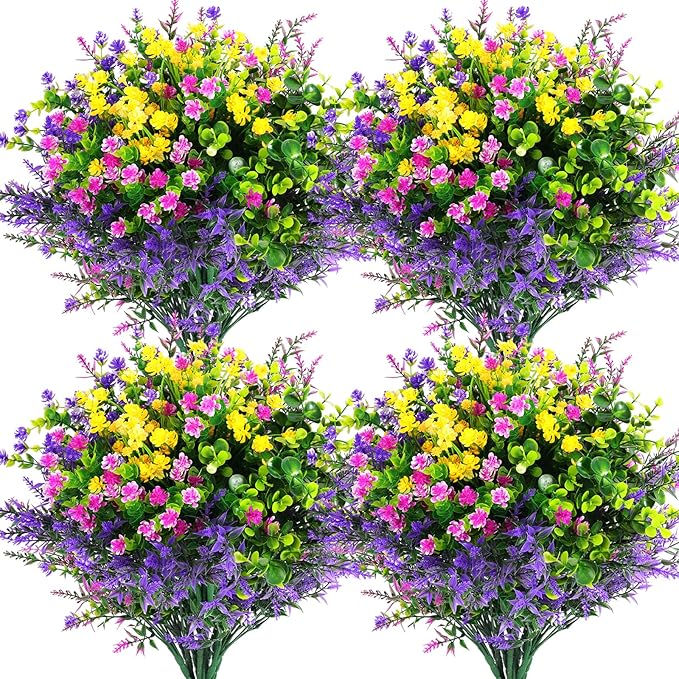 Hananona Artificial Flowers Outdoor, Faux Artificial Plants UV Resistant Plastic Flower Bulk for Hanging Planter Porch Window Home Wedding Fall Summer Decor (12, Fuchsia, Purple, Yellow, Green)