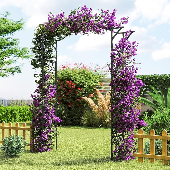 Giantex Garden Arch Trellis, 67''W x 83''H Metal Arbor with Corrugated PE-Coated Steel Tubes & Lattice Panels for Climbing Plants, Decorative Wedding Arch for Yard, Lawn, Party & Outdoor Events
