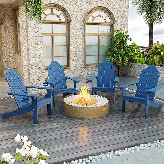 LUE BONA HDPS Adirondack Chairs Set of 4, Fire Pit Outdoor Chair Weather Resistant with Cup Holder, Modern Plastic Chair Plastic for Patio, Deck, Proch, Hotel, Resort, 350LBS, Navy Blue