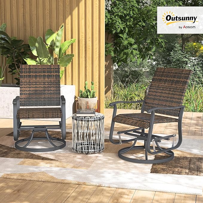 Outsunny Patio Glider Chair Set of 2, Wicker Rattan Outdoor Swivel Chair with Steel Frame, High Back, Armrests, Porch Glider with Adjustable Foot Pads for Garden, Lawn, Backyard, Brown