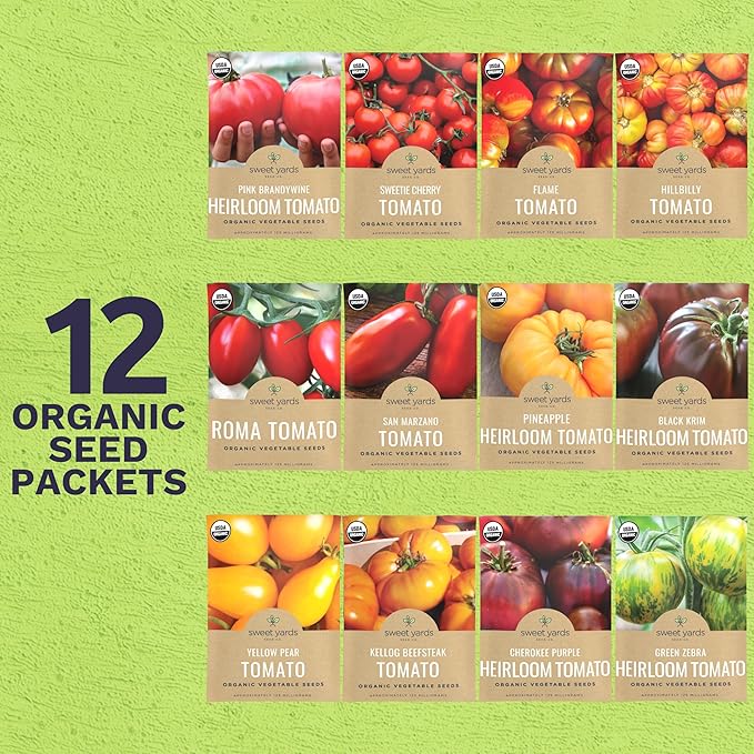 Organic Tomato Seeds Variety Pack - 12 Individual Packs - 2026 Season - Roma, Cherry, Black Krim, Yellow Pear, Pineapple and More! for Indoor & Outdoor Planting (Non-GMO, Certified Organic)