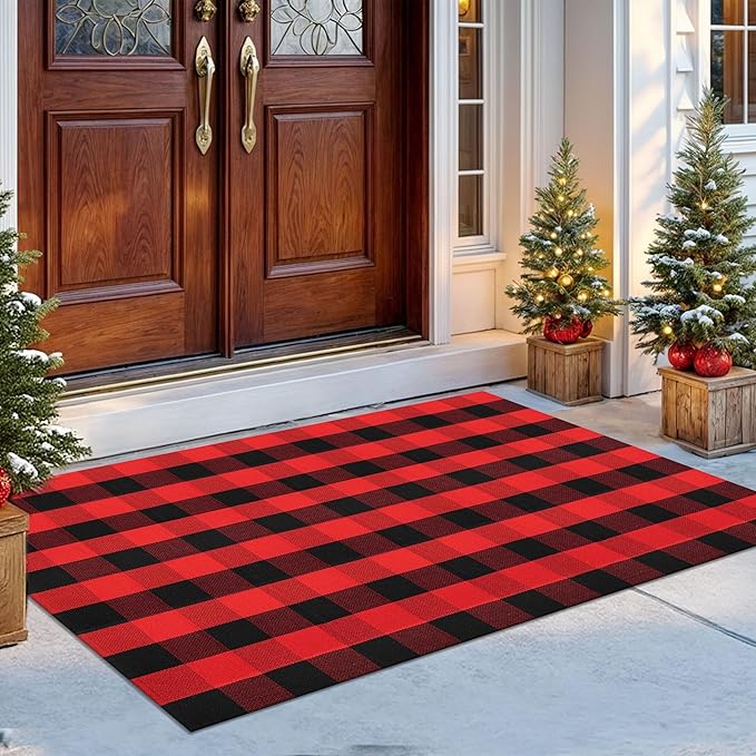 IOHOUZE Christmas Buffalo Plaid Rug 4x6 Ft Outdoor Indoor Rug Red Black Check Washable Area Rug Woven Cotton Checkered Front Porch Mat Christmas Decor for Front Door Entryway Living Room
