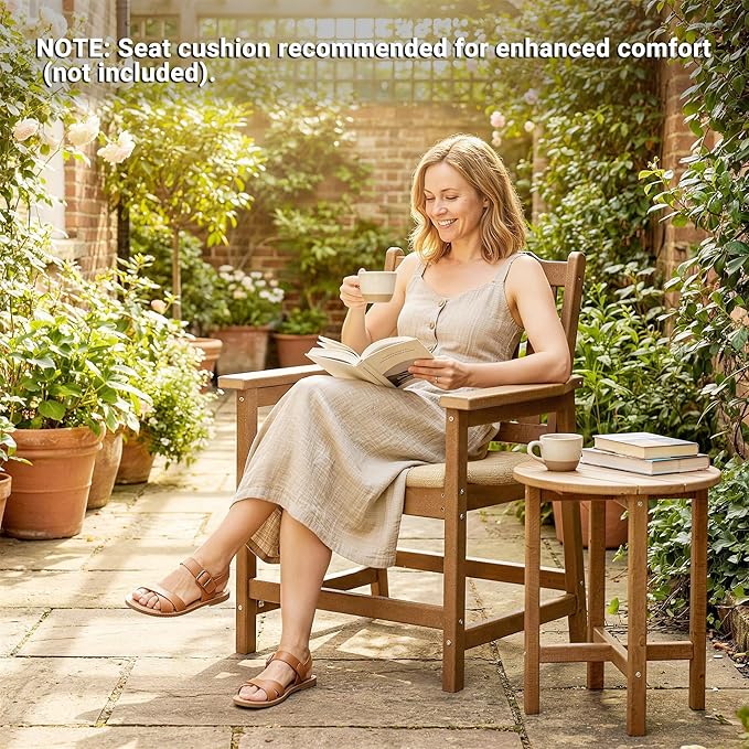 Outsunny All-Weather Patio Chair, HDPE Patio Dining Chair, Heavy Duty Wood-Like Outdoor Furniture for Garden, Backyard, Deck, Porch, Lawn, Brown