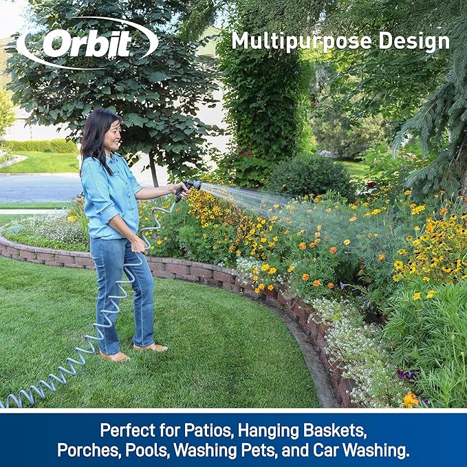 Orbit 26382 Coil Garden Hose, 25 Feet, with 8-Pattern Hose Nozzle (Gray)