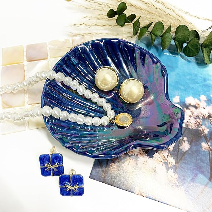 Shell Jewelry Holder Dish, Ceramic Seashell Trinket Dish for Women, Cute Room Decor Jewelry Plates for Earrings Ring, Birthday Mother's Day Christmas Gift for Women 3.9", Indigo Iridescent Surface
