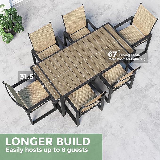7 Piece Patio Dining Set for 6, Outdoor Furniture Set Includes 67" Rectangle Patio Table and 6 Textilene Dining Chairs, Outdoor Table and Chairs for Outsides, Backyard, Garden and Poolside