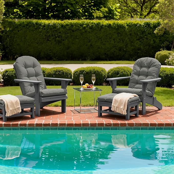 Adirondack Chair Cushion with Ottoman, Folding Adjustable Adirondack Seat Cushions, Waterproof Adirondack Patio Chair Pads for Garden, Deck, or Poolside, Large-Gray-1