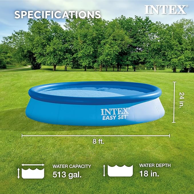INTEX 28107EH Easy Set Inflatable Swimming Pool Set: 8ft x 24in – Includes 330 GPH Cartridge Filter Pump – Puncture-Resistant Material – 513 Gallon Capacity – 18in Water Depth