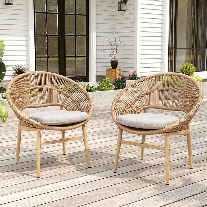 Christopher Knight Home Cyril Papasan Chair Set of 2, Patio Wicker Dining Chair, Patio Furniture Set, Comfy Reading Single Sofa with Cushion, Light Brown+Beige
